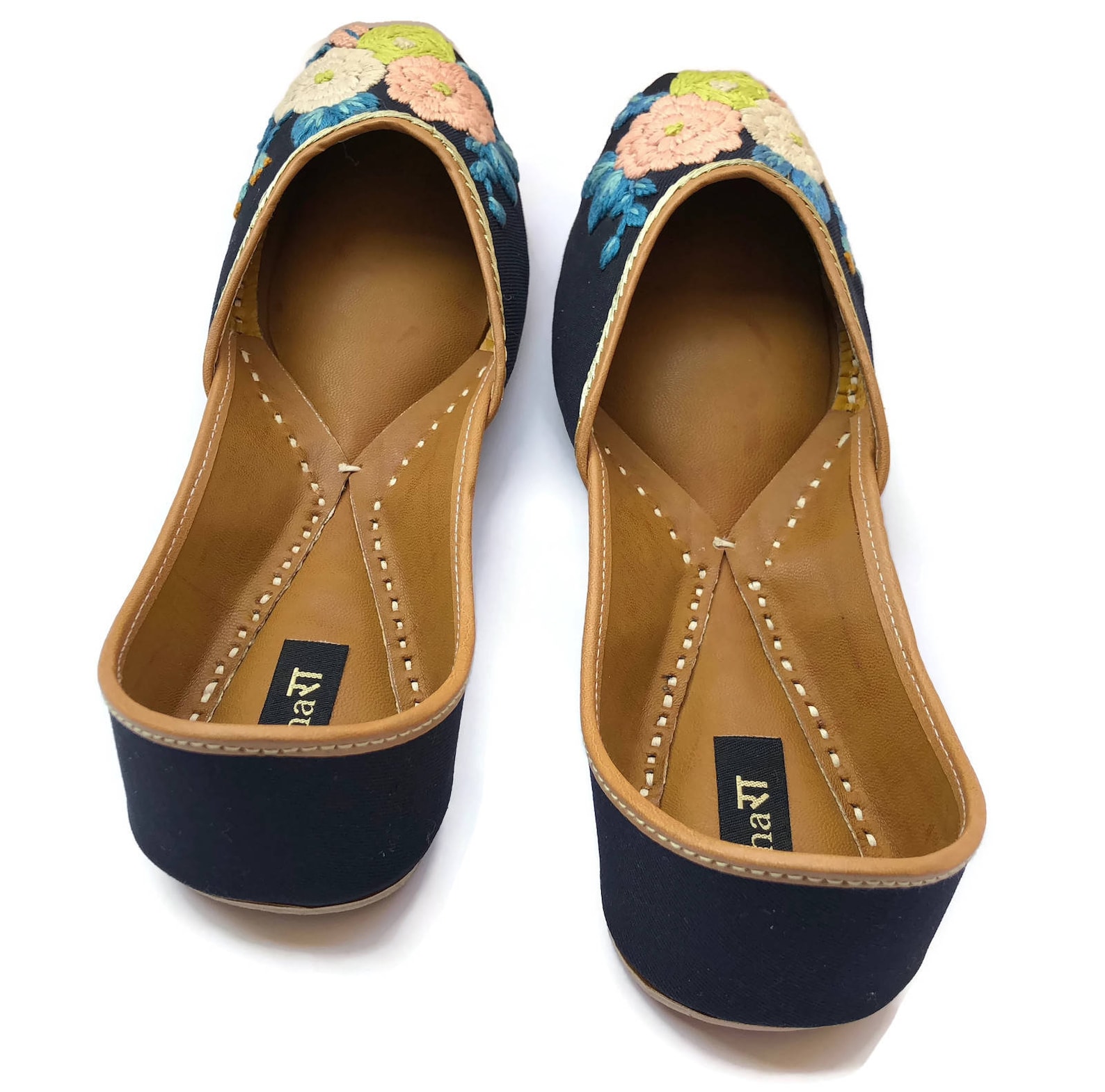 the pastel blossom - enhara designer ballet flat shoes/navy blue flower embroidered shoes/handmade indian ethnic women shoes or