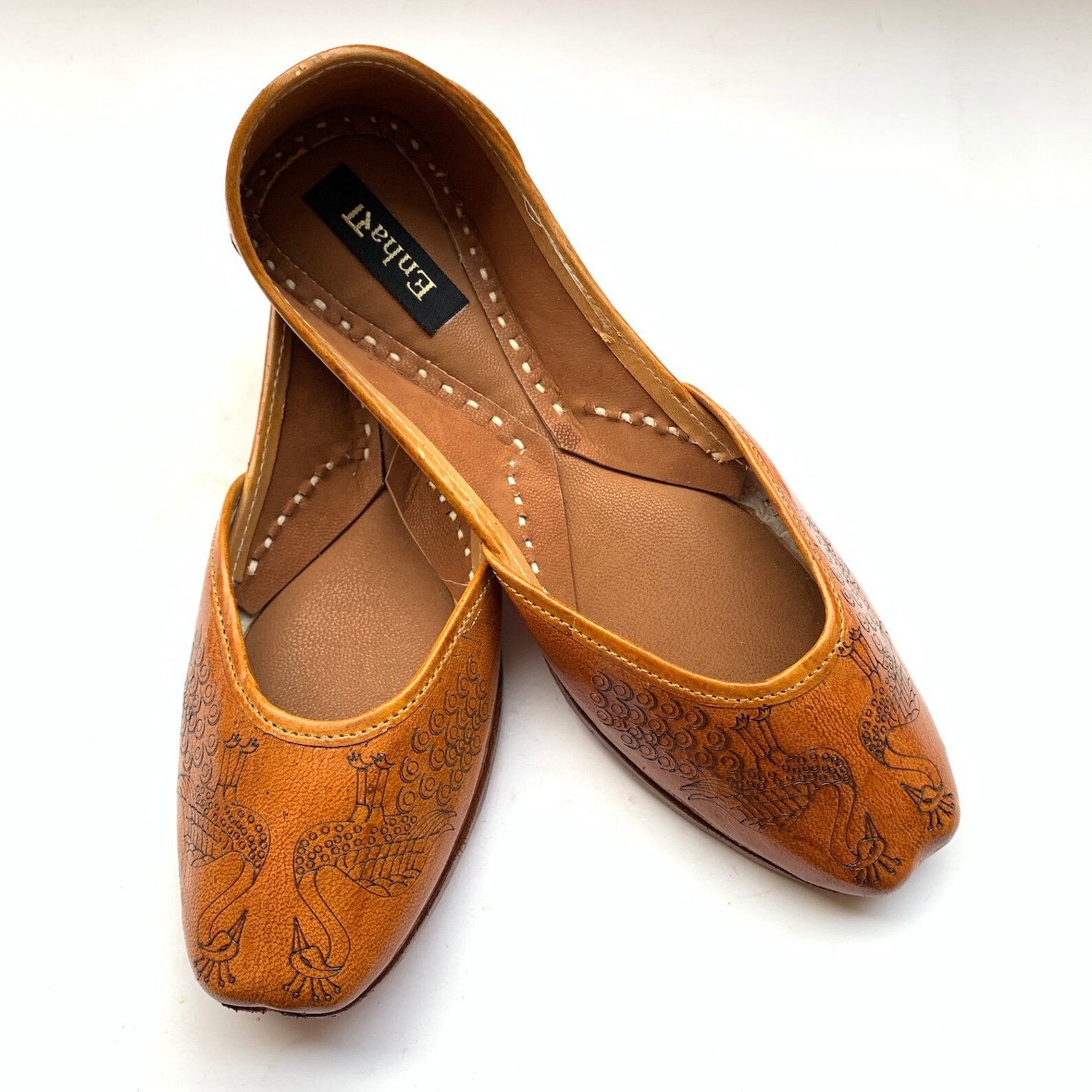 one of a kind peacock engraved womens tan brown leather ballet flat shoes, indian shoes, handmade designer shoes/juttis or mojar