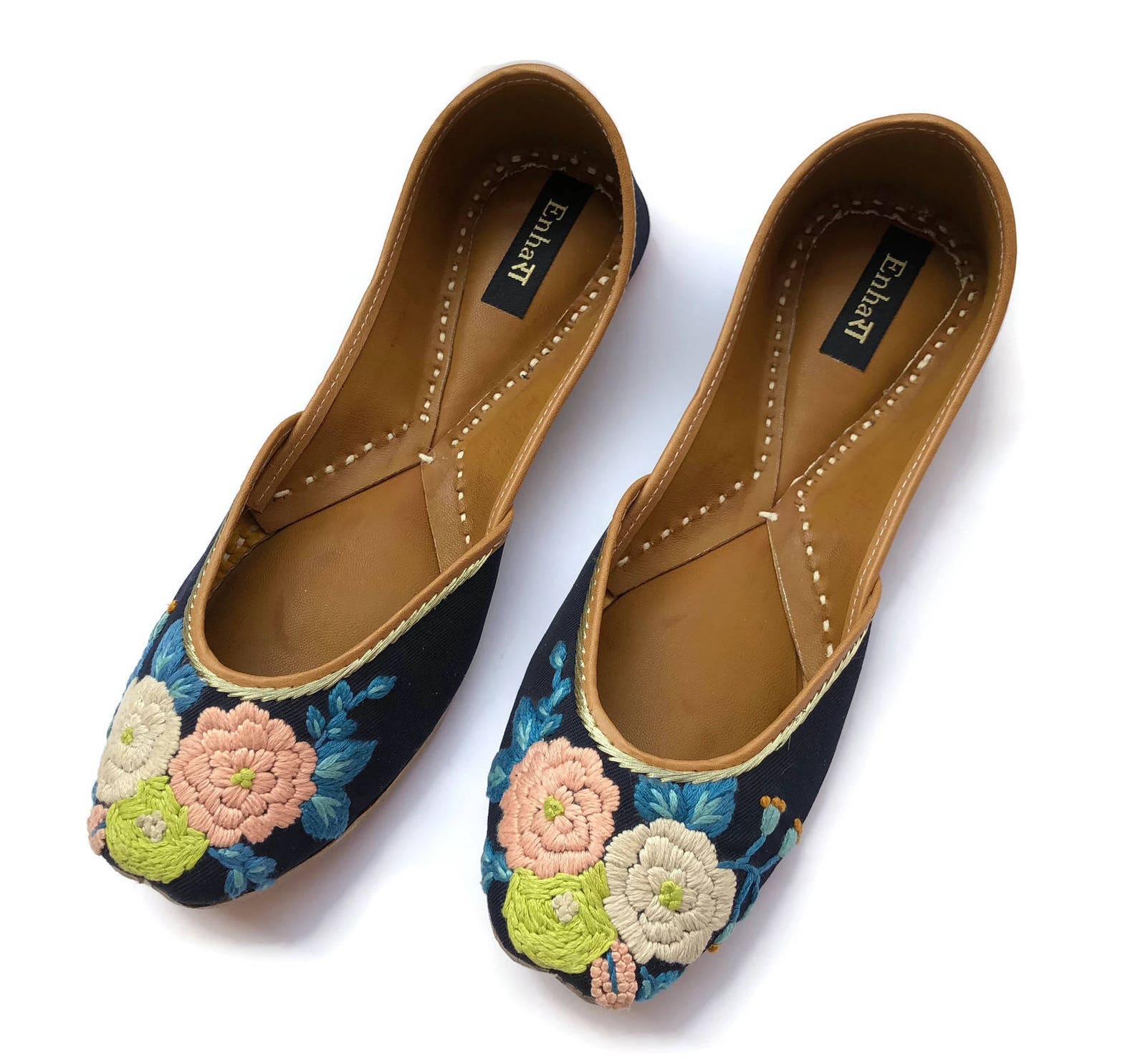 the pastel blossom - enhara designer ballet flat shoes/navy blue flower embroidered shoes/handmade indian ethnic women shoes or