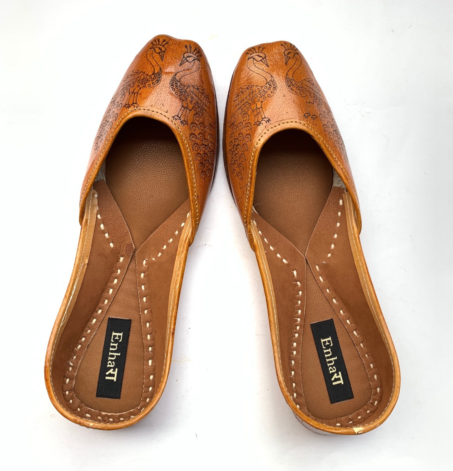 one of a kind peacock engraved womens tan brown leather ballet flat shoes, indian shoes, handmade designer shoes/juttis or mojar