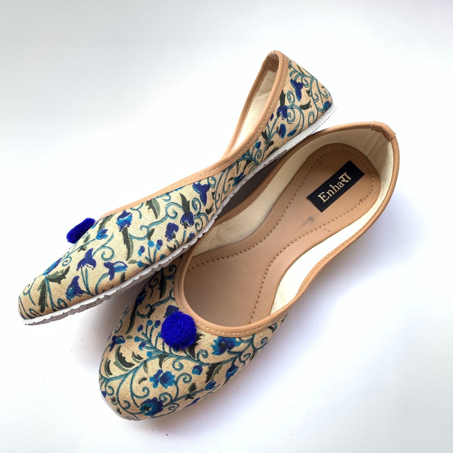 blue floral ballet flat shoes for women, slip on shoes, indian shoes, handmade designer shoes