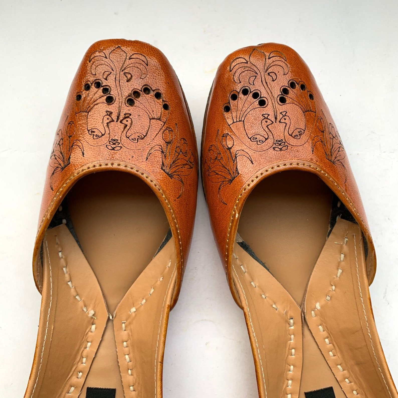 brown peacock etched womens leather ballet flat shoes, indian shoes, handmade designer shoes/juttis or mojaris