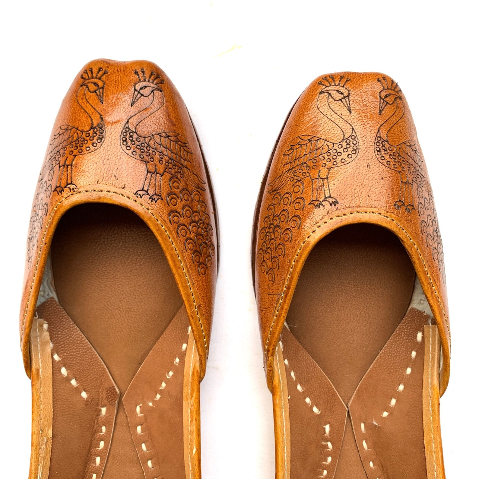 one of a kind peacock engraved womens tan brown leather ballet flat shoes, indian shoes, handmade designer shoes/juttis or mojar