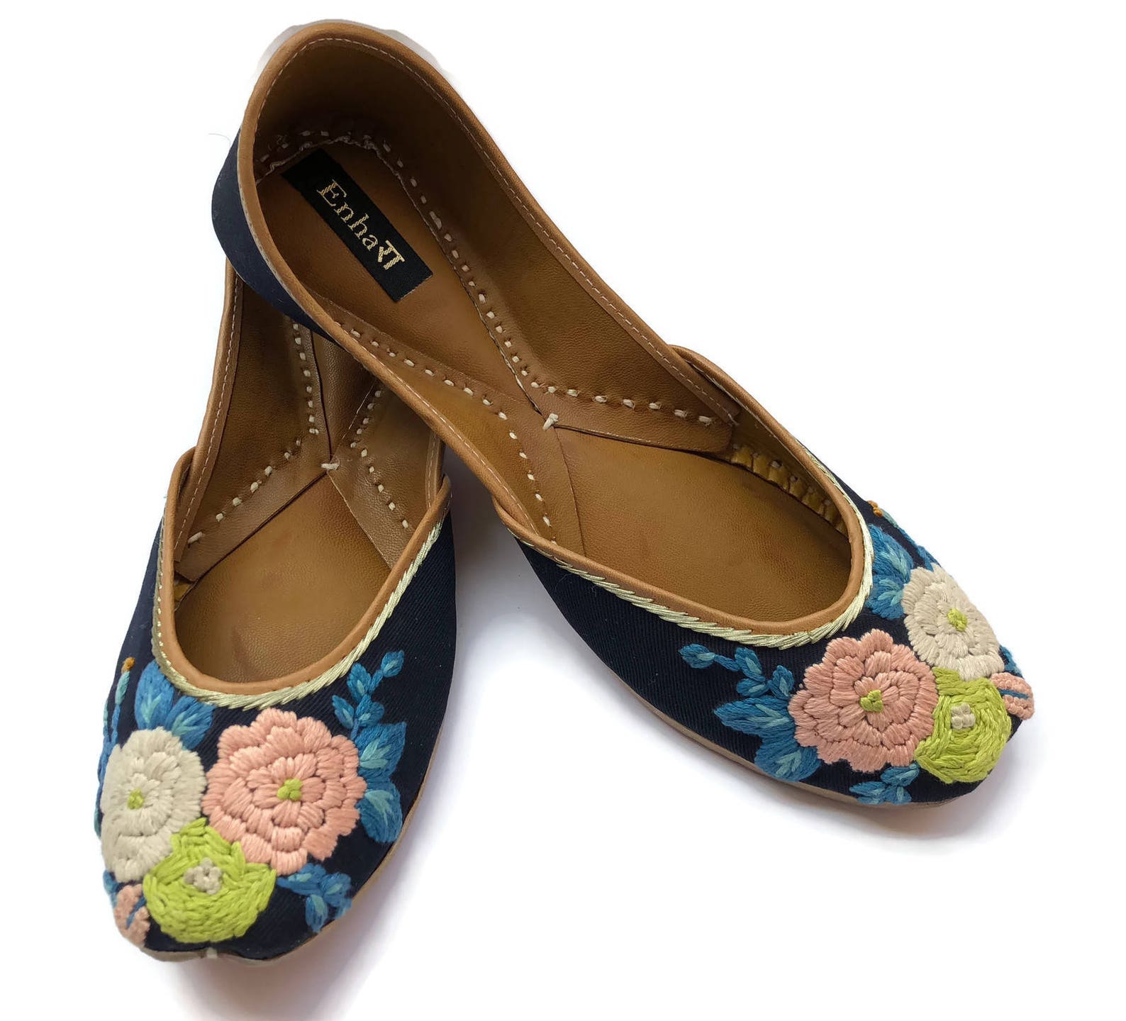 the pastel blossom - enhara designer ballet flat shoes/navy blue flower embroidered shoes/handmade indian ethnic women shoes or