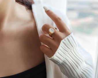 Gold Filled Mother of Pearl Signet Ring , Waterproof.