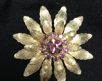 Vintage Gold Flower Brooch with Amethyst Rhinestone