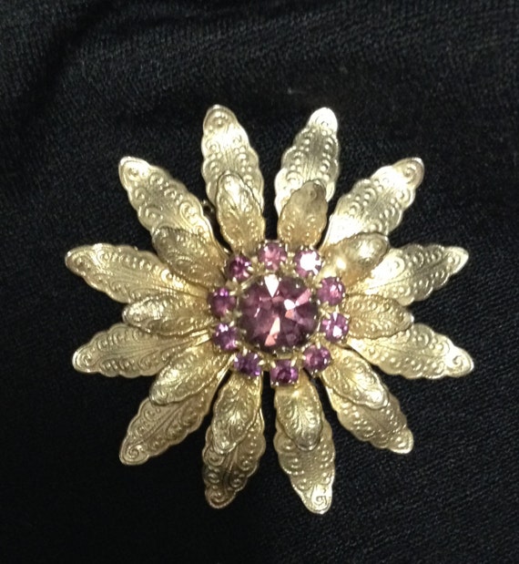 Vintage Gold Flower Brooch Gold Brooch With Ameth… - image 1