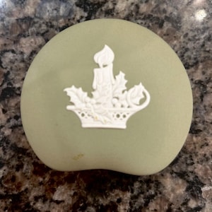 Vintage Wedgwood Jasperware, Sage Green, Candle Motif Design, Bean Shaped Trinket Box