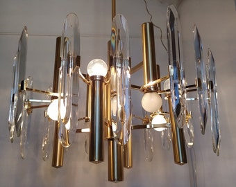 Sciolari Chandelier, Crystal and Brass, Original 70s made in Italy, 8 lights, two levels