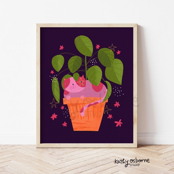 Cute Art Print: Cute Pink Cat in Plant - Whimsical Wall Decor for Dog Lover Gifts, Nursery decor, Kids rooms and  5x7 8x10 11x14