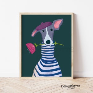 Cute Art Print: Oui Oui Whippet  - Whimsical Wall Decor for Dog Lover Gifts, Nursery decor, Kids rooms and  5x7 8x10 11x14
