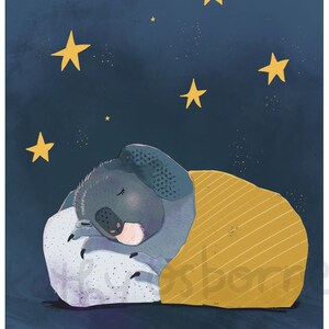 May include: Illustration of a sleeping koala bear under a yellow blanket, resting on a white pillow. The background is a dark blue night sky with yellow stars. The koala is gray with a pink nose.