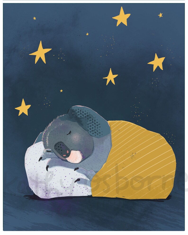May include: Illustration of a sleeping koala bear under a yellow blanket, resting on a white pillow. The background is a dark blue night sky with yellow stars. The koala is gray with a pink nose.