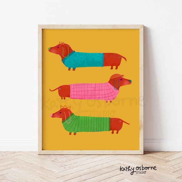 Cute Art Print: Triplet Dachshunds - Whimsical Wall Decor for Dog Lovers, Nursery, Kids rooms and the Kids at Heart 5x7 8x10  11x14