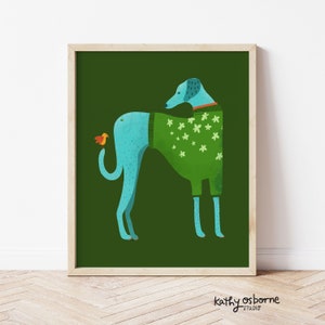 Cute Art Print: Greyhound in a green sweater - Whimsical Dog Art Wall Decor Illustration  5x7 8x10