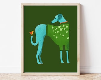 Puede incluir: Un perro azul con un suéter verde con flores blancas sobre un fondo verde oscuro.