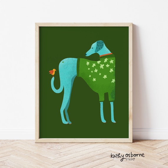 Whimsical Greyhound Art Print: Dog in Green Sweater