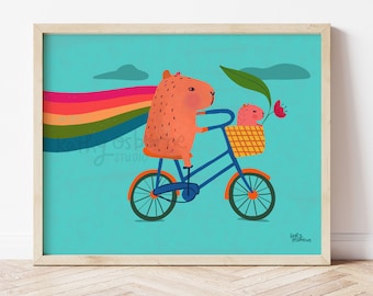 Cute Art Print: Capybaras riding bike with rainbow - Whimsical Wall Decor for Nursery, Kids rooms and Baby Shower Gifts 5x7 8x10 11x14