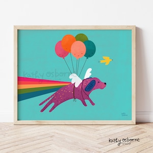 Cute Art Print: Dog Flying with Rainbow and Balloons - Whimsical Wall Decor for Nursery, Kids rooms and Baby Shower Gifts 5x7 8x10 11x14