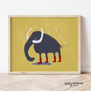 Cute Art Print: Woolly Mammoth in the Rain - Whimsical Wall Decor for Nursery, Kids rooms and Baby Shower Gifts 8x10 11x14