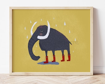 Cute Art Print: Woolly Mammoth in the Rain - Whimsical Wall Decor for Nursery, Kids rooms and Baby Shower Gifts 8x10 11x14