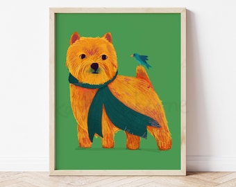 Norwich Terrier Art Print: Dog with Bird Illustration