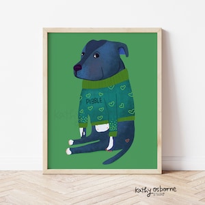 Cute Art Print: Pitbull in a Pibble Green Sweater - Whimsical Wall Decor for Nursery, Kids rooms and Dog Lover Gifts 5x7 8x10 11x14