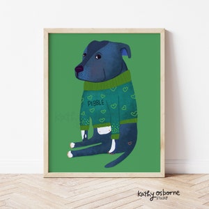 Impression d&#39;art mignonne : pitbull dans un pull vert piquant - décoration murale fantaisiste pour chambre d&#39;enfant, chambre d&#39;enfant et cadeau pour amoureux des chiens