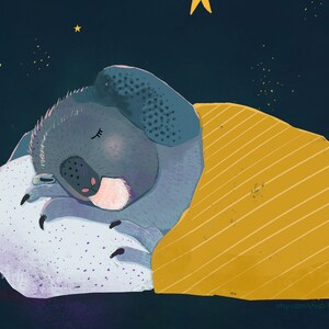 May include: Illustration of a sleeping koala bear nestled on a white pillow and under a yellow blanket with white stripes. The background is dark blue with yellow stars and small dots. The koala is gray with a pink nose.