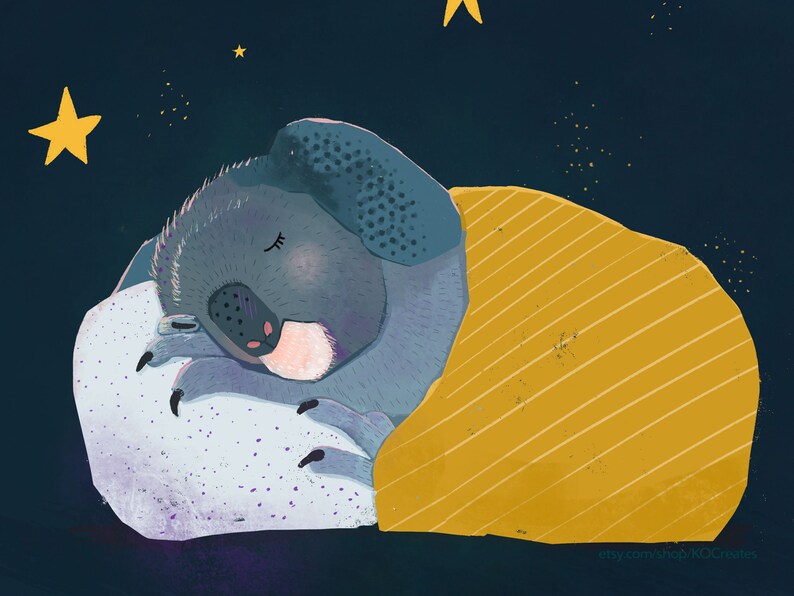 May include: Illustration of a sleeping koala bear nestled on a white pillow and under a yellow blanket with white stripes. The background is dark blue with yellow stars and small dots. The koala is gray with a pink nose.