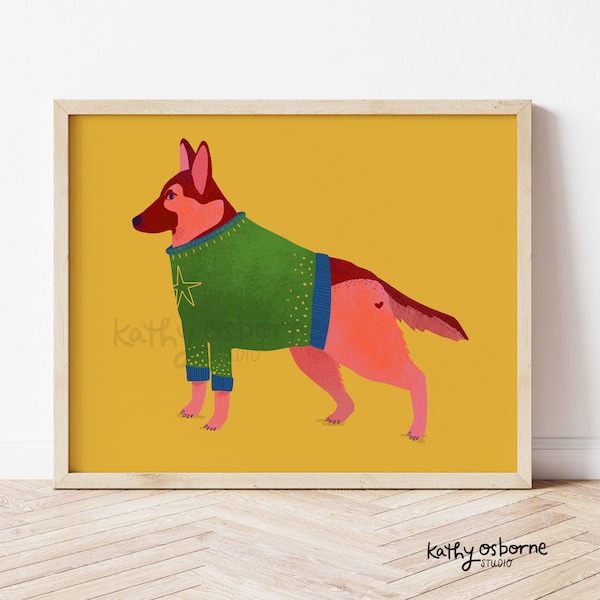 Cute Art Print: German Shepherd with Fancy Sweater - Whimsical Dog Art Wall Decor Illustration  5x7 8x10