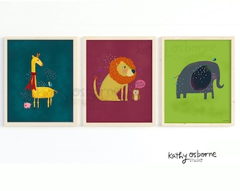 Set of 3 Art Prints: Giraffe, Lion, Elephant - Quirky Whimsical Wall Decor for Nursery, Kid rooms -  quirky aesthetic - Baby Shower Gift