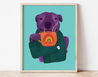 Cute Art Print: Spill the Pit-Tea - Whimsical Wall Decor for Nursery, Kids rooms and Dog Lover Gifts 5x7 8x10  11x14