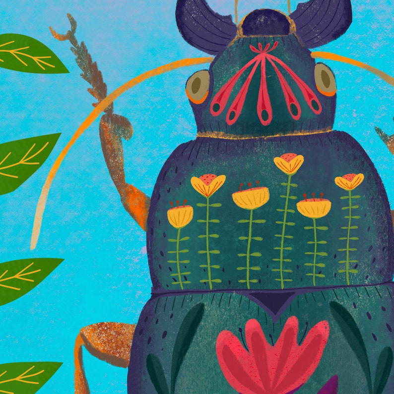 Art Print: Pretty Beetle Whimsical Insect With Flowers Wall Decor for ...