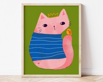 Lámina artística de gato y pájaro: "Amigos-enemigos" - Decoración infantil divertida