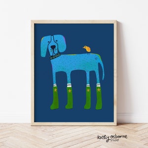 Cute Art Print: Blue Great Dane in Boots - Whimsical Dog Art Wall Decor Illustration  5x7 8x10