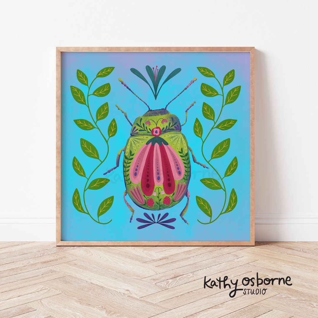 Art Print: Pretty Beetle - Whimsical Insect With Flowers Wall Decor for ...