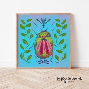 Whimsical Beetle Art Print: Colorful Insect Wall Decor (8x8 10x10)