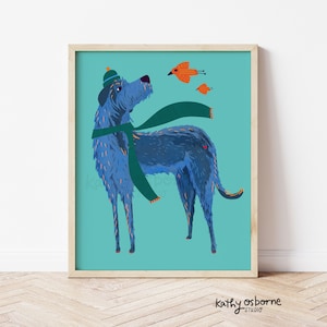 Cute Art Print: Irish Wolfhound with Birds - Whimsical Dog Art Wall Decor Illustration  5x7 8x10