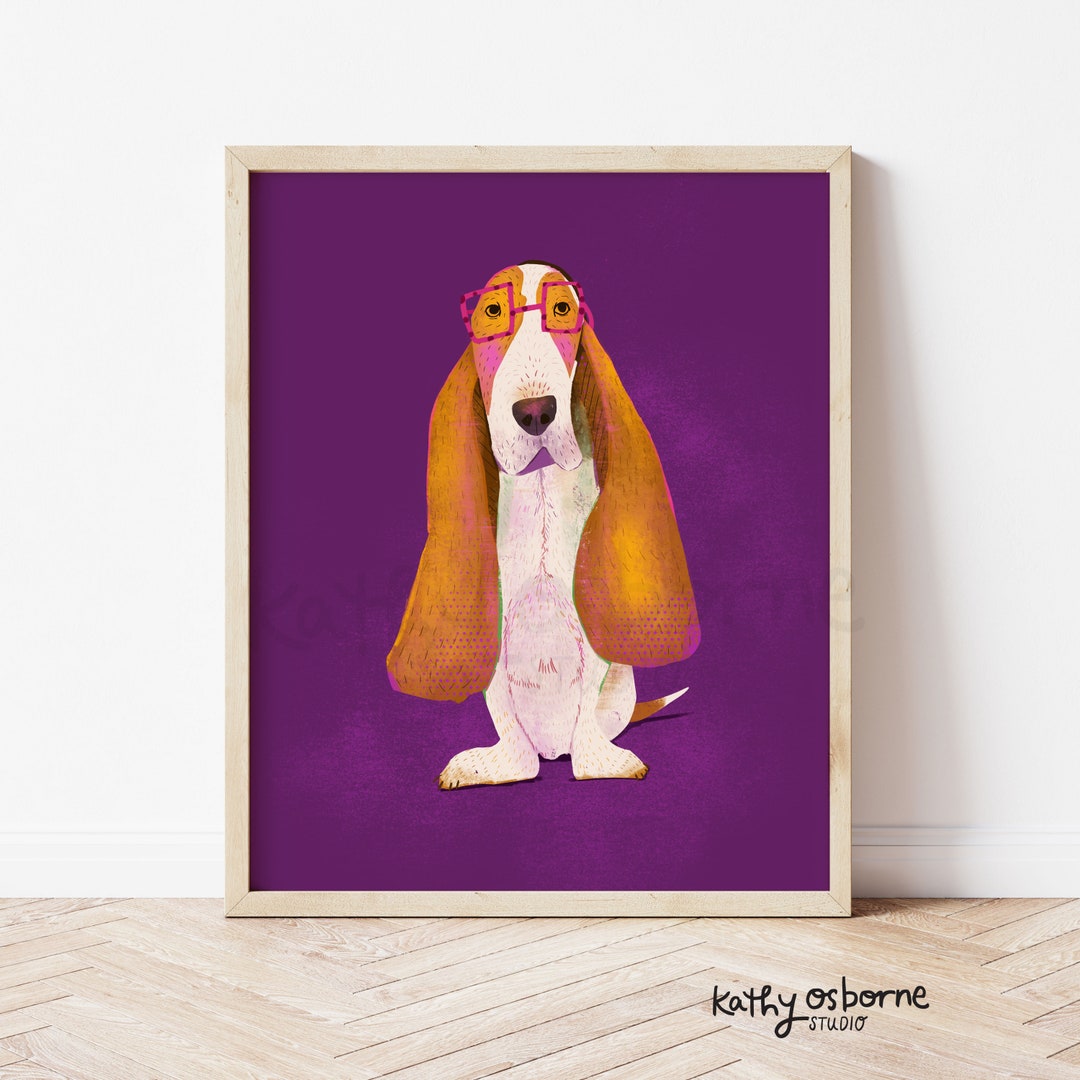 Basset Hound Art Print: Whimsical Dog With Glasses, Nursery Decor