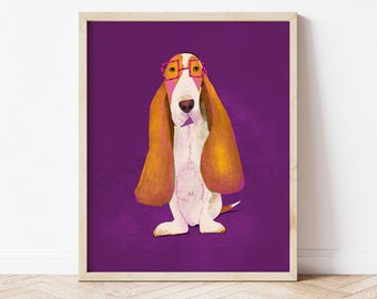 Basset Hound Art Print: Whimsical Dog with Glasses, Nursery Decor