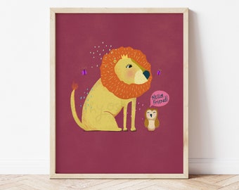 Cute Art Print: Lion and Owl  - Whimsical Wall Decor for Nurseries, Art for Kid rooms and Unique baby shower Gifts - quirky cute