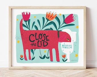 Funny Dog Toilet Art Print: Close the Lid Illustration (Digital Download)