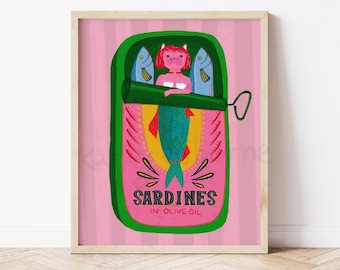 Sardine Cat Art Print: Whimsical Kitchen Decor for Cat Lovers