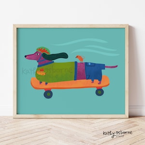 Cute Art Print: Skateboarding "Hot Dog" Dachshund - Whimsical Wall Decor for Nursery, Kids rooms and Baby Shower Gifts 5x7 8x10