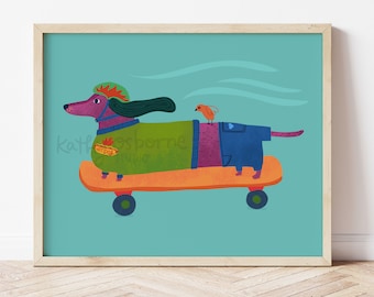 Skateboarding Dachshund Art Print: Whimsical Nursery Wall Decor
