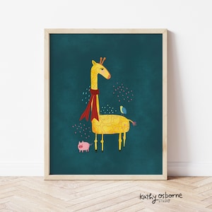 Cute Art Print: Giraffe and Pig Art  - Whimsical Wall Decor for Nurseries, Kid rooms and Gifts - quirky cute aesthetic art print