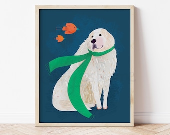 Lámina artística con diseño de bufanda de los Pirineos: Decoración de pared con un perro de ensueño