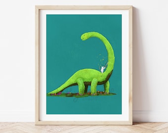 Dinosaur & Mouse Art Print: Whimsical Nursery Decor