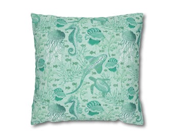 Sea Creatures Square Pillowcase | Aquatic Seahorse Seashell Pattern